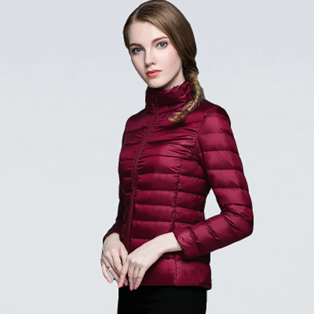 Women Ultra Light Down Jacket Winter Duck Down Jackets Women Slim Long Sleeve Parka Zipper Coats Pockets Solid