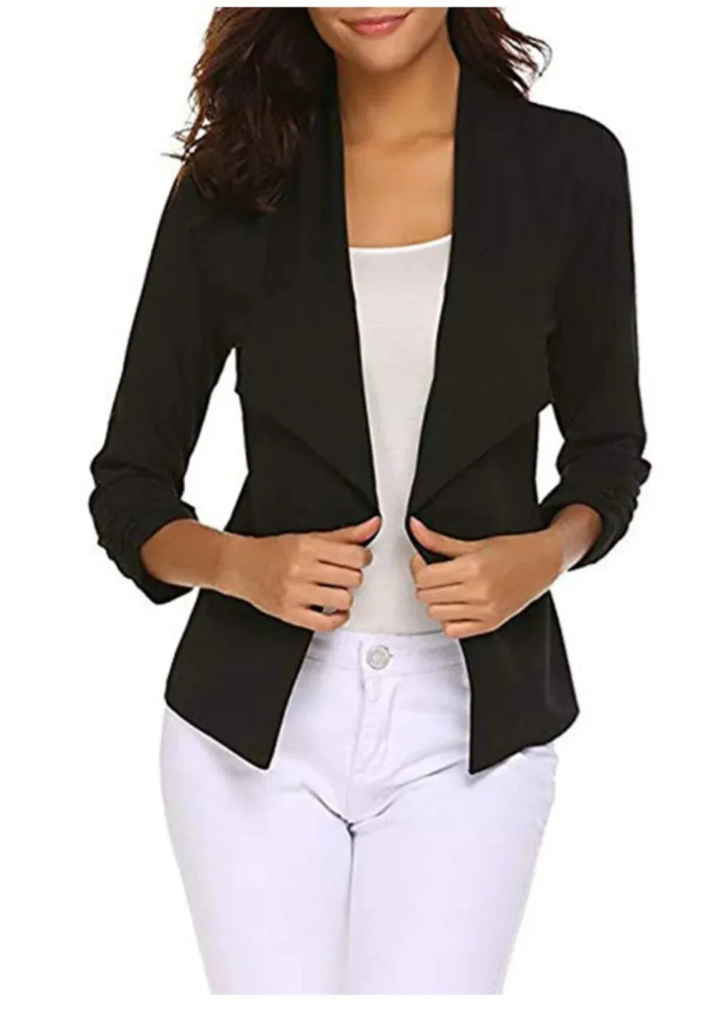 Womens Blazer Casual Open Front Work Office Blazer Jacket 3/4 Sleeve Lapel Coats with Removable Shoulder Pads