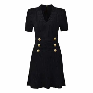 Women's Button-embellished Knitted Dress V-neck Mini Dress in Black