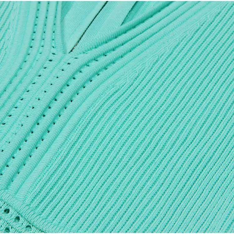 Women's Button-embellished Knitted Dress V-neck Mini Dress in Turquoise