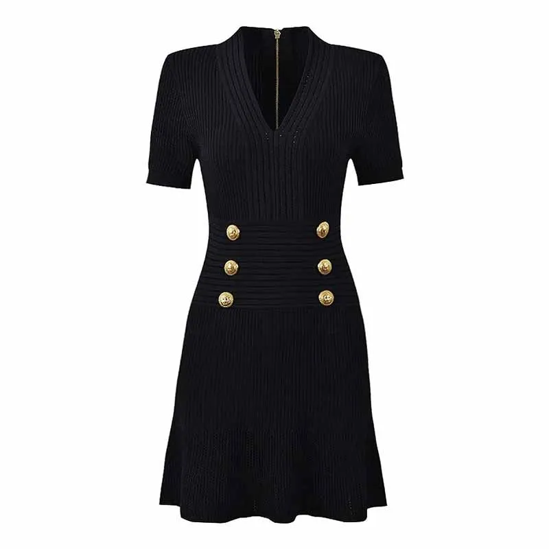 Women's Button-embellished Knitted Dress V-neck Mini Dress in Turquoise