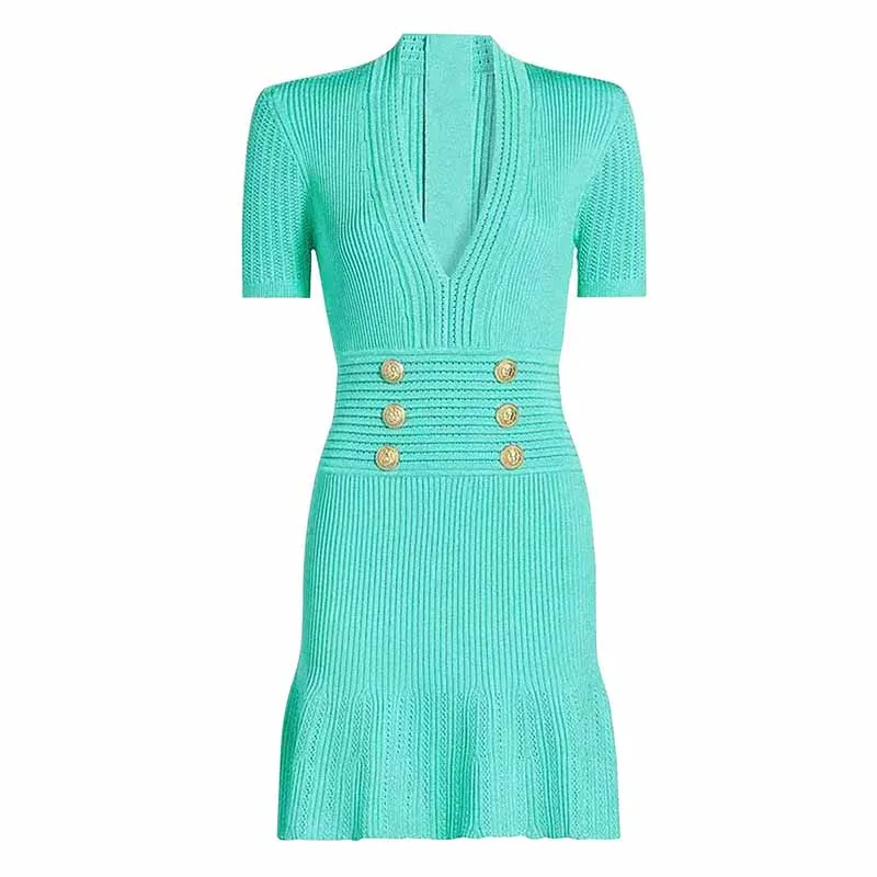 Women's Button-embellished Knitted Dress V-neck Mini Dress in White