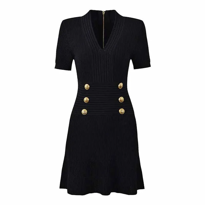 Women's Button-embellished Knitted Dress V-neck Mini Dress in White