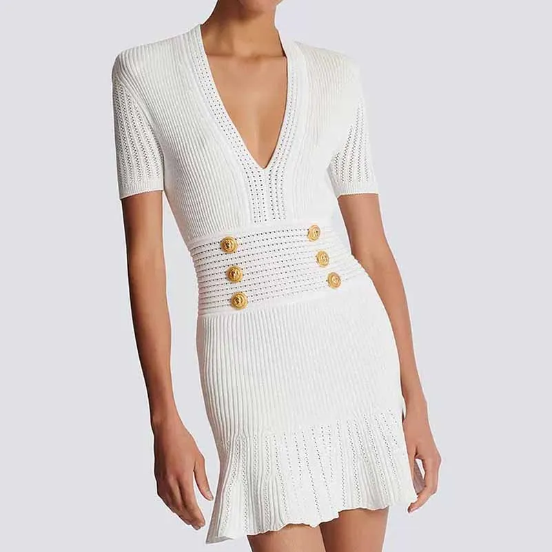 Women's Button-embellished Knitted Dress V-neck Mini Dress in White