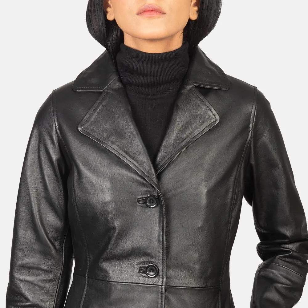 Women’s Cow Leather Black Trench Coat, Elegant Single breasted leather Long Coat, Button up Stylish Casual Ladies Leather Timeless Outerwear