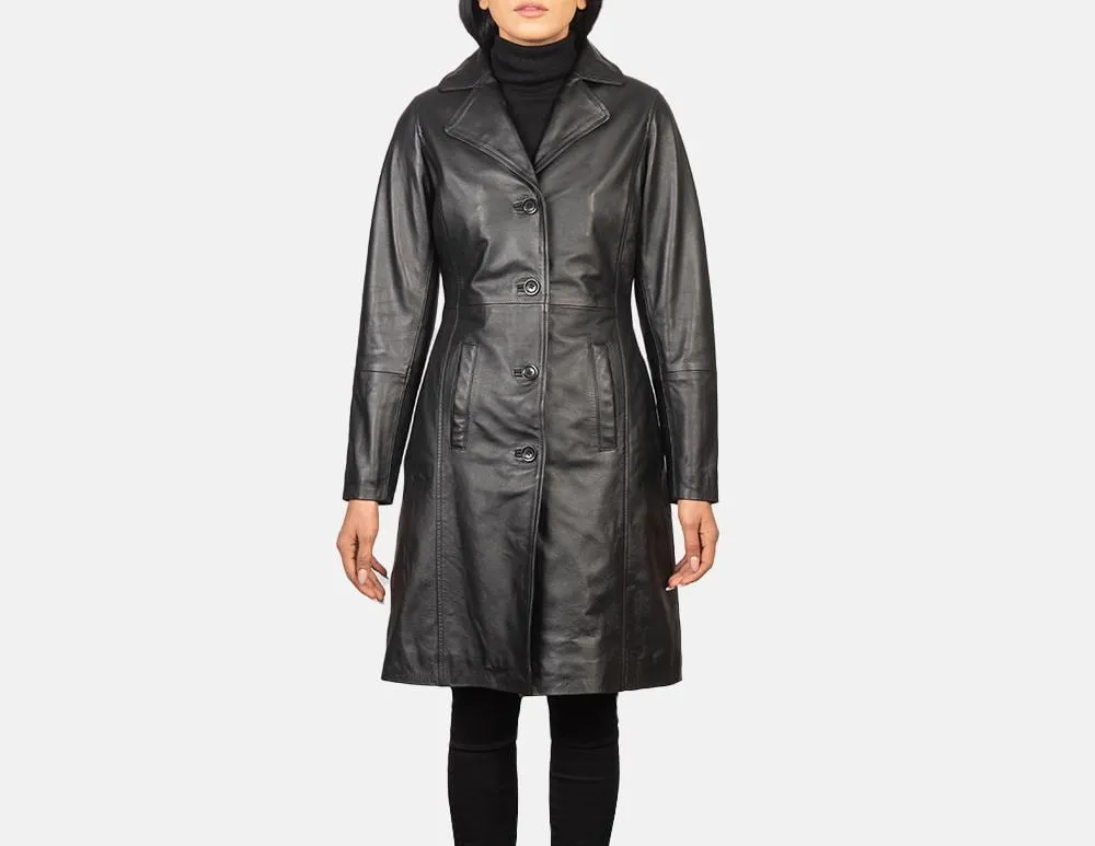 Women’s Cow Leather Black Trench Coat, Elegant Single breasted leather Long Coat, Button up Stylish Casual Ladies Leather Timeless Outerwear