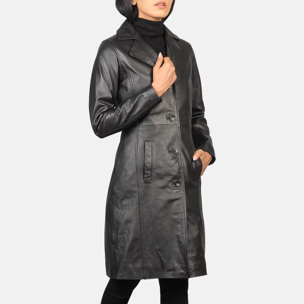 Women’s Cow Leather Black Trench Coat, Elegant Single breasted leather Long Coat, Button up Stylish Casual Ladies Leather Timeless Outerwear