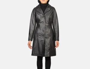 Women’s Cow Leather Black Trench Coat, Elegant Single breasted leather Long Coat, Button up Stylish Casual Ladies Leather Timeless Outerwear