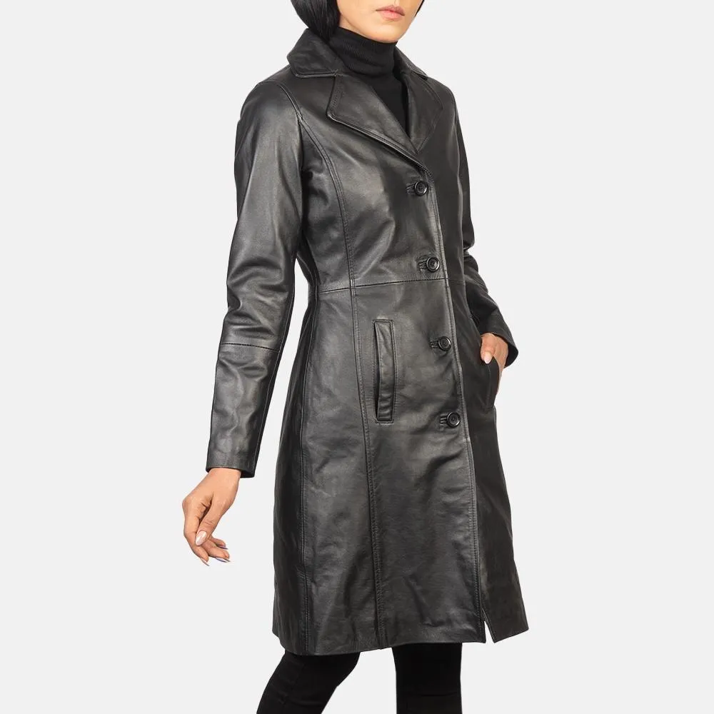 Women’s Cow Leather Black Trench Coat, Elegant Single breasted leather Long Coat, Button up Stylish Casual Ladies Leather Timeless Outerwear