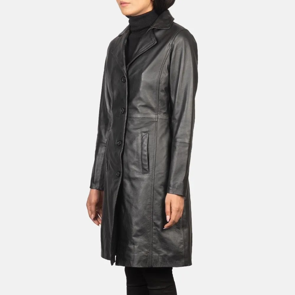 Women’s Cow Leather Black Trench Coat, Elegant Single breasted leather Long Coat, Button up Stylish Casual Ladies Leather Timeless Outerwear
