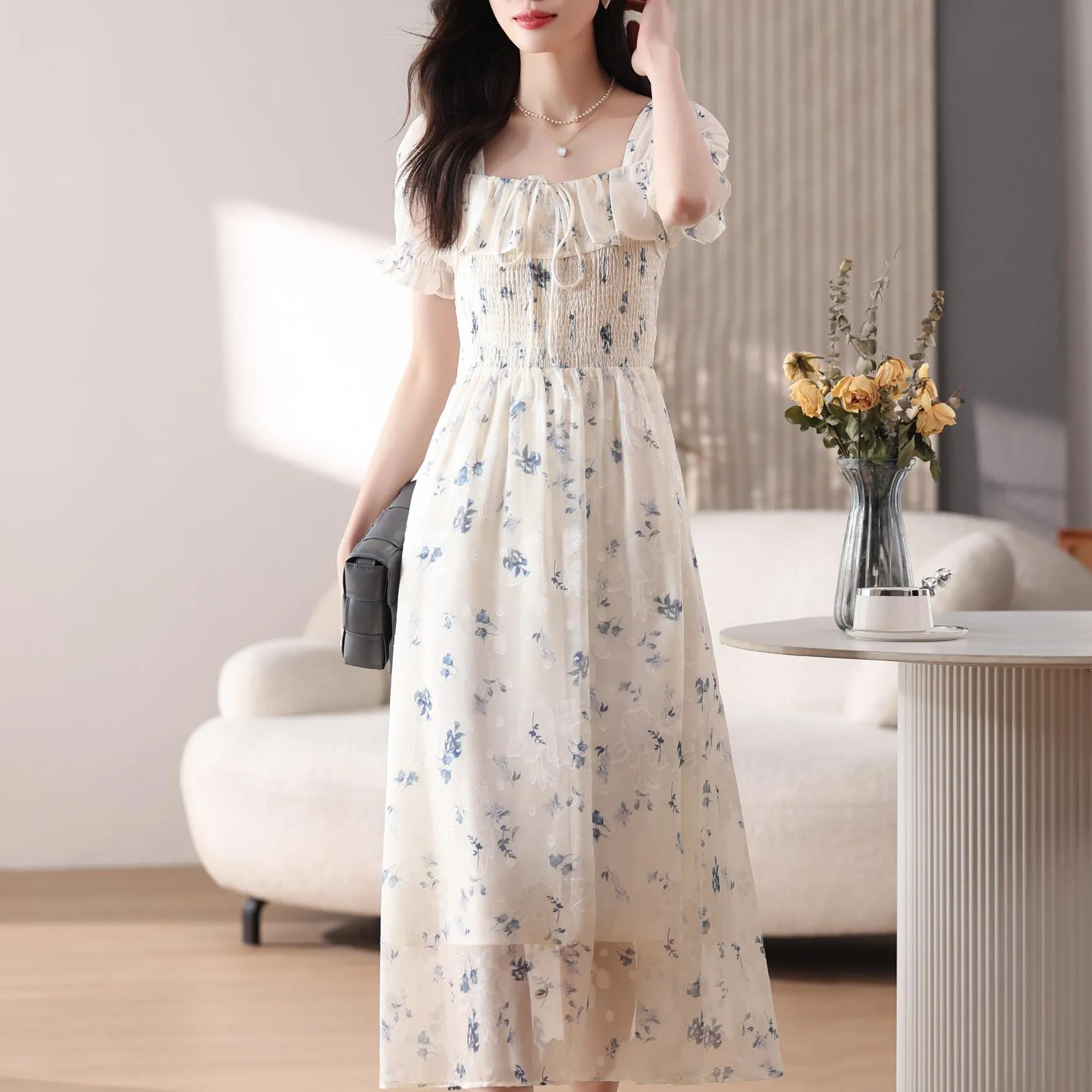 Women's Elastic-Waisted Floral Tea Tea Dress for Summer Fun