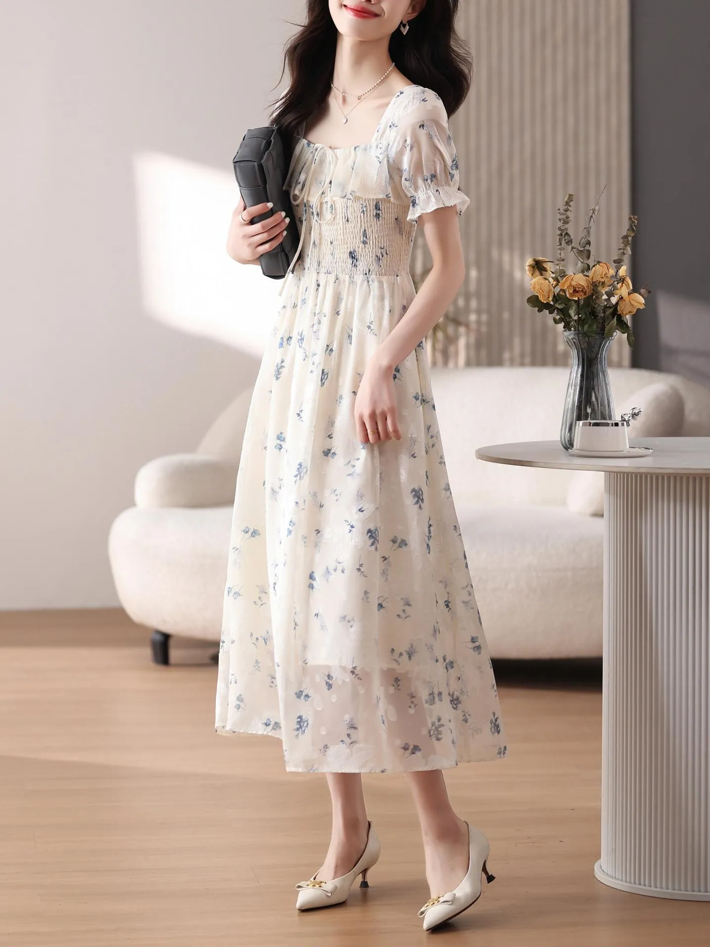 Women's Elastic-Waisted Floral Tea Tea Dress for Summer Fun