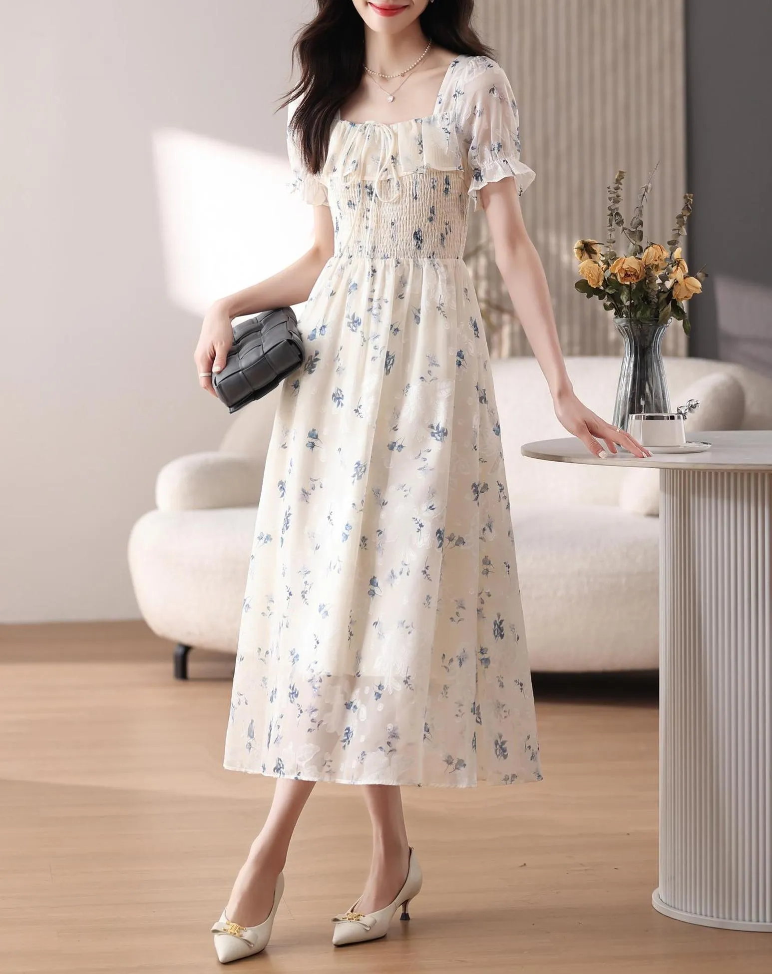Women's Elastic-Waisted Floral Tea Tea Dress for Summer Fun
