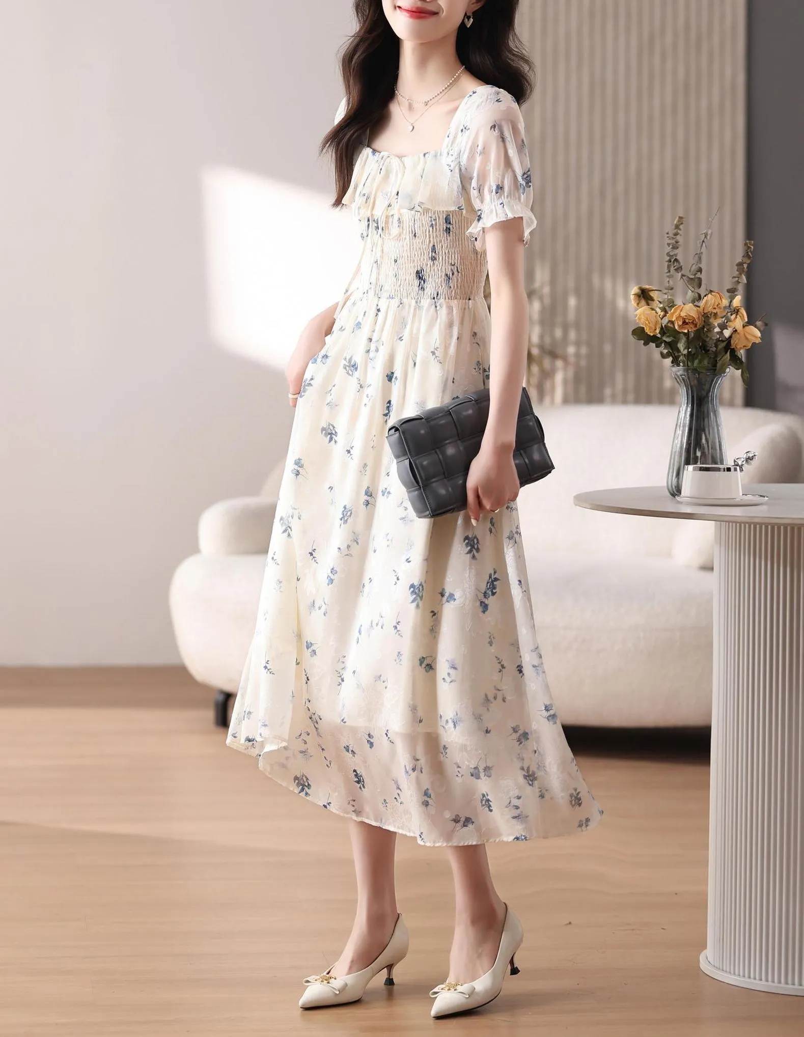 Women's Elastic-Waisted Floral Tea Tea Dress for Summer Fun