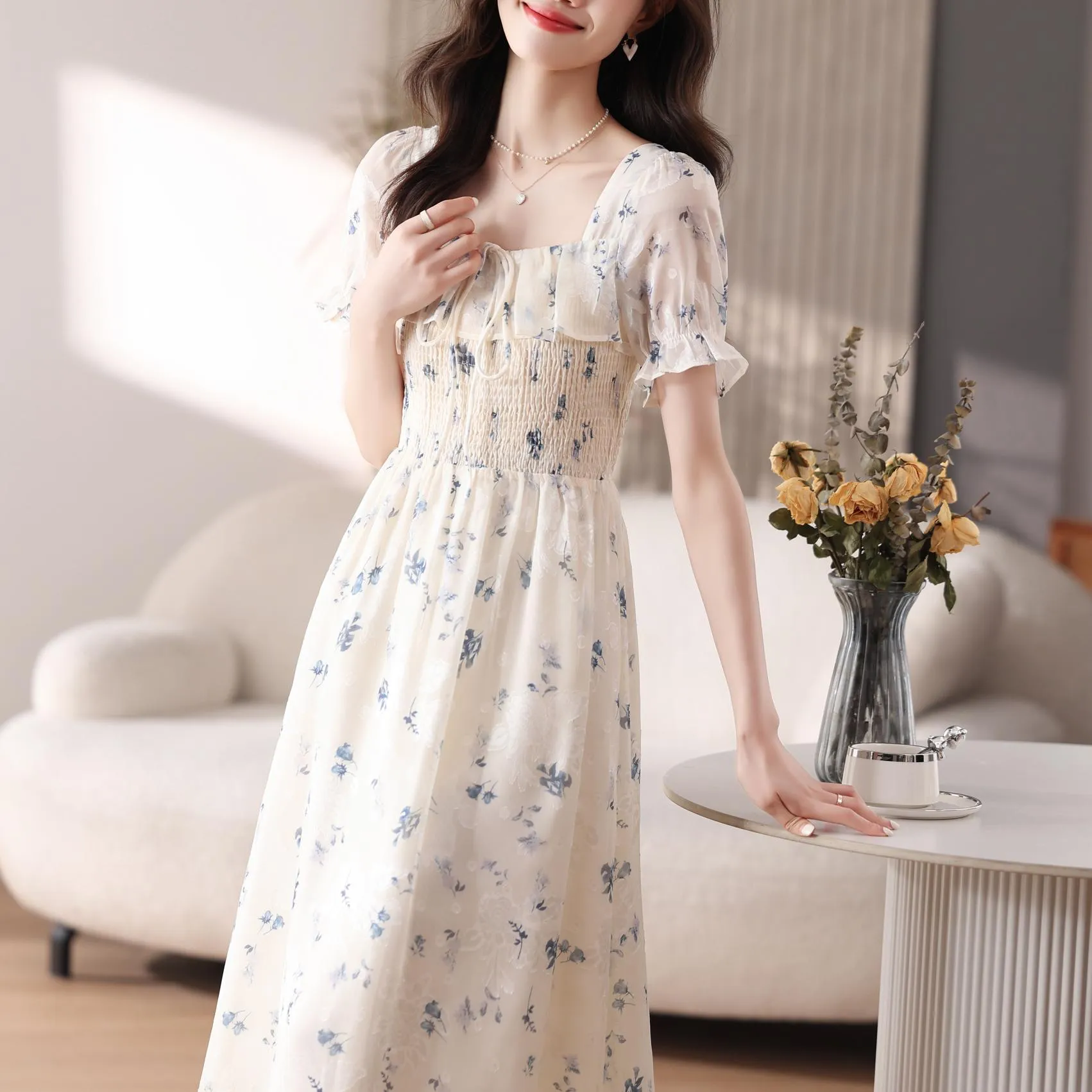 Women's Elastic-Waisted Floral Tea Tea Dress for Summer Fun