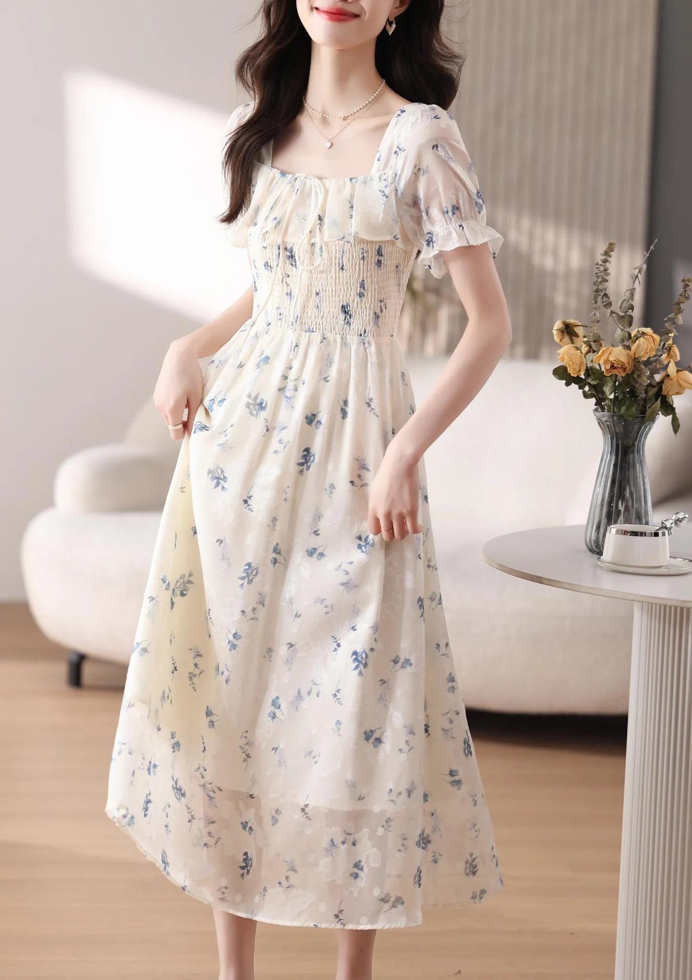 Women's Elastic-Waisted Floral Tea Tea Dress for Summer Fun