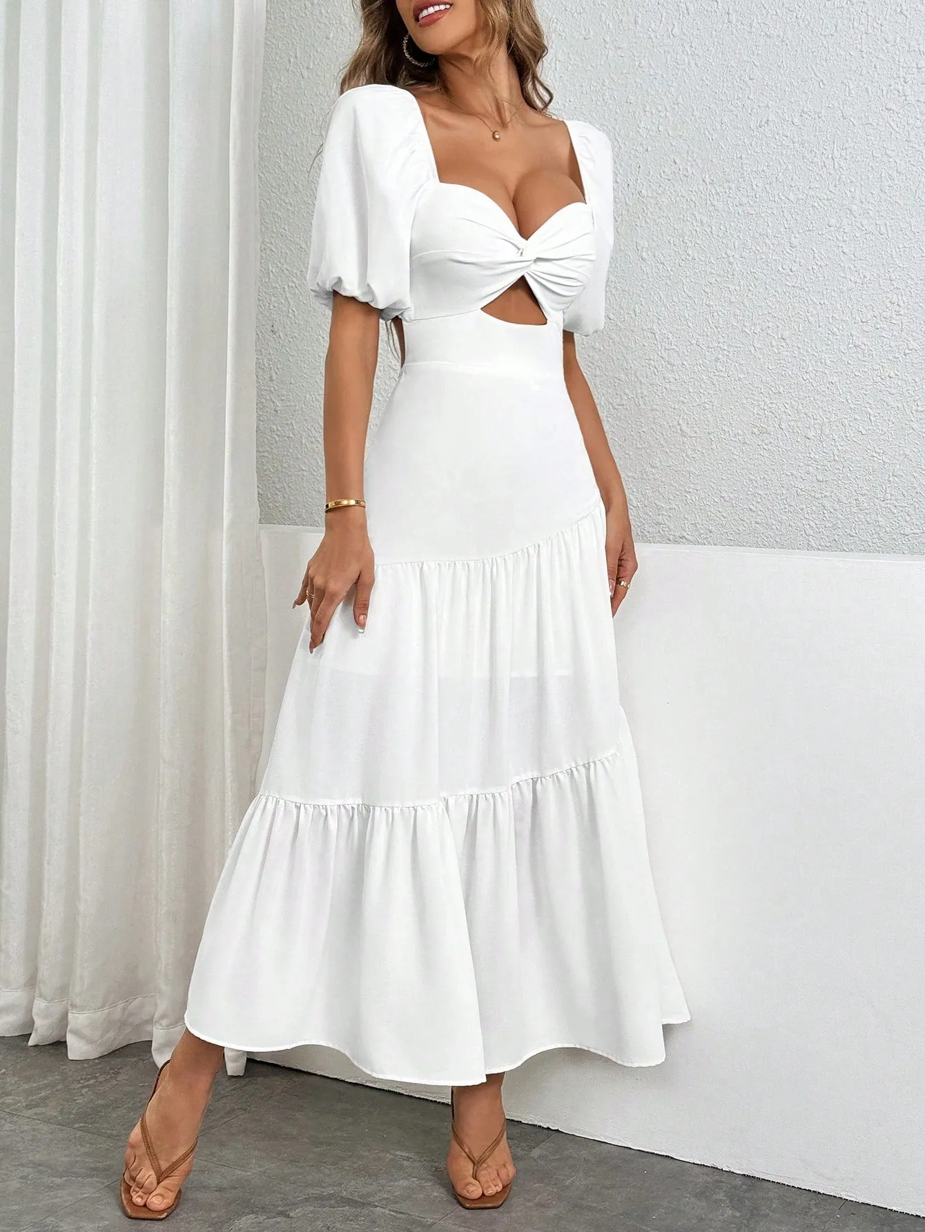 Women's  Elegant And Romantic Solid Color Twist Puff Sleeve Sexy Backless  Split Twisted Chicken Heart Collar Summer White A-Line Long Dress