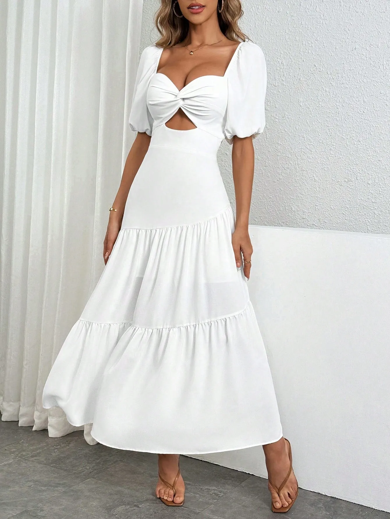 Women's  Elegant And Romantic Solid Color Twist Puff Sleeve Sexy Backless  Split Twisted Chicken Heart Collar Summer White A-Line Long Dress