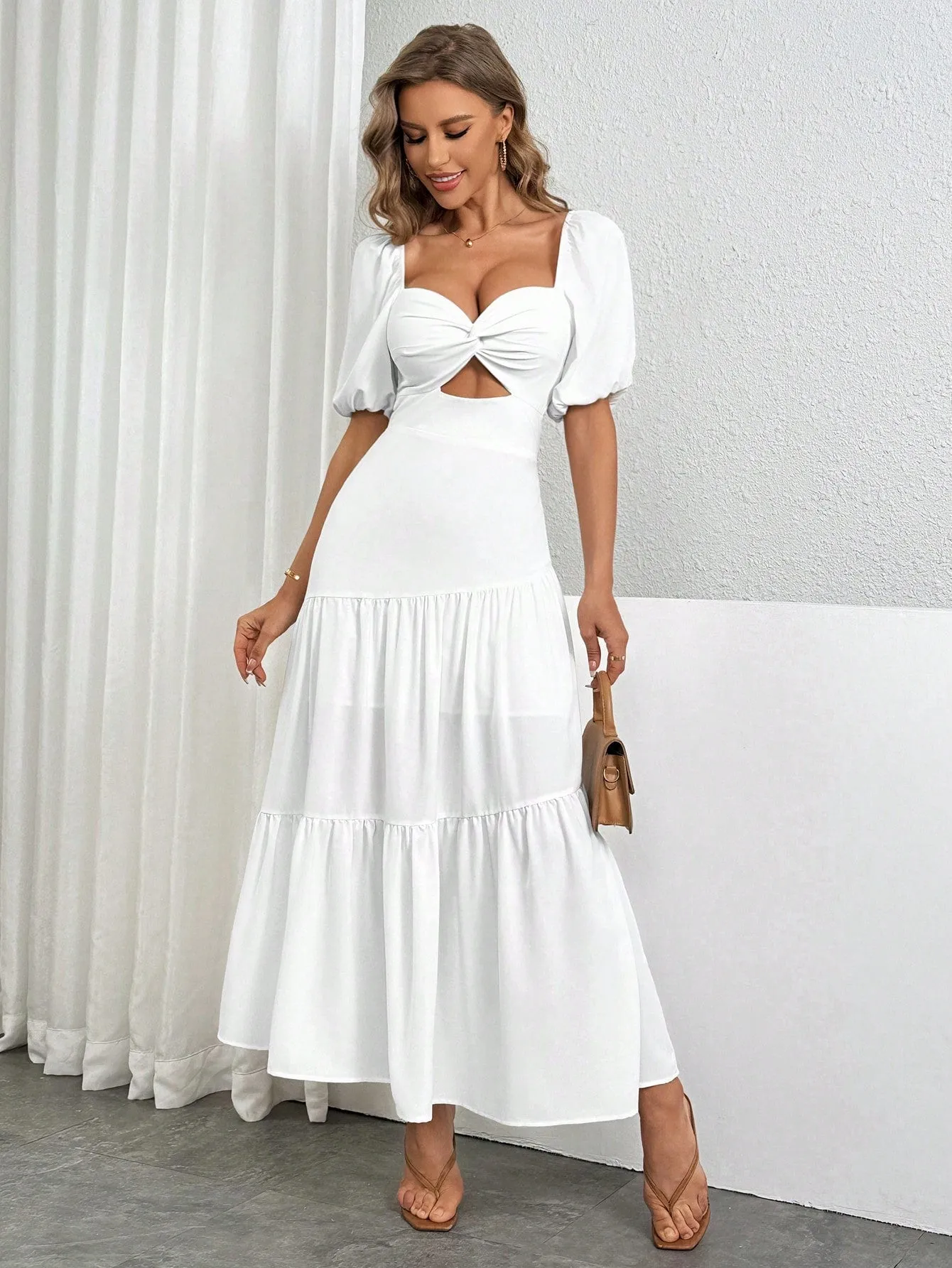Women's  Elegant And Romantic Solid Color Twist Puff Sleeve Sexy Backless  Split Twisted Chicken Heart Collar Summer White A-Line Long Dress