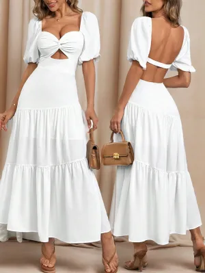 Women's  Elegant And Romantic Solid Color Twist Puff Sleeve Sexy Backless  Split Twisted Chicken Heart Collar Summer White A-Line Long Dress