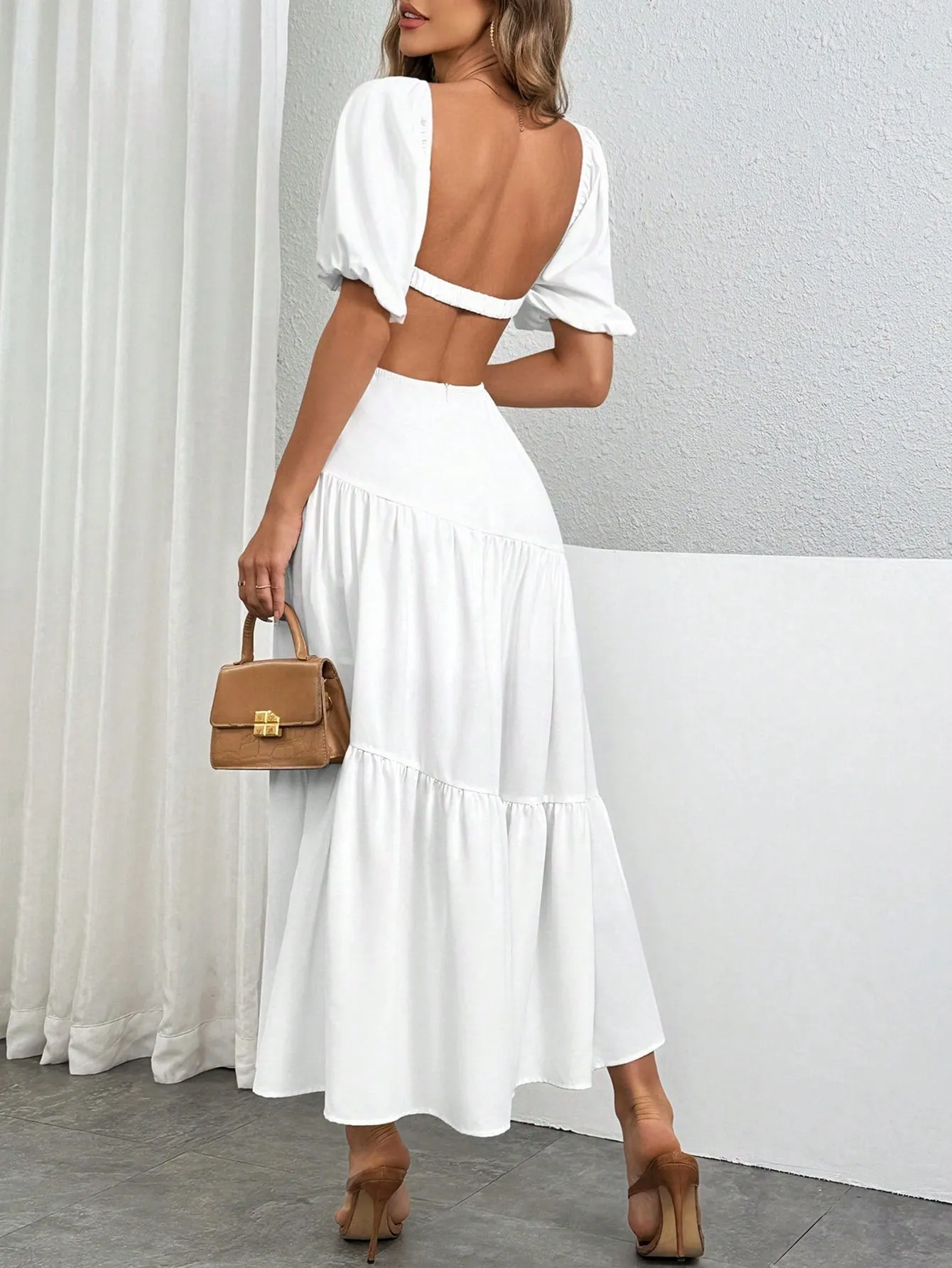 Women's  Elegant And Romantic Solid Color Twist Puff Sleeve Sexy Backless  Split Twisted Chicken Heart Collar Summer White A-Line Long Dress