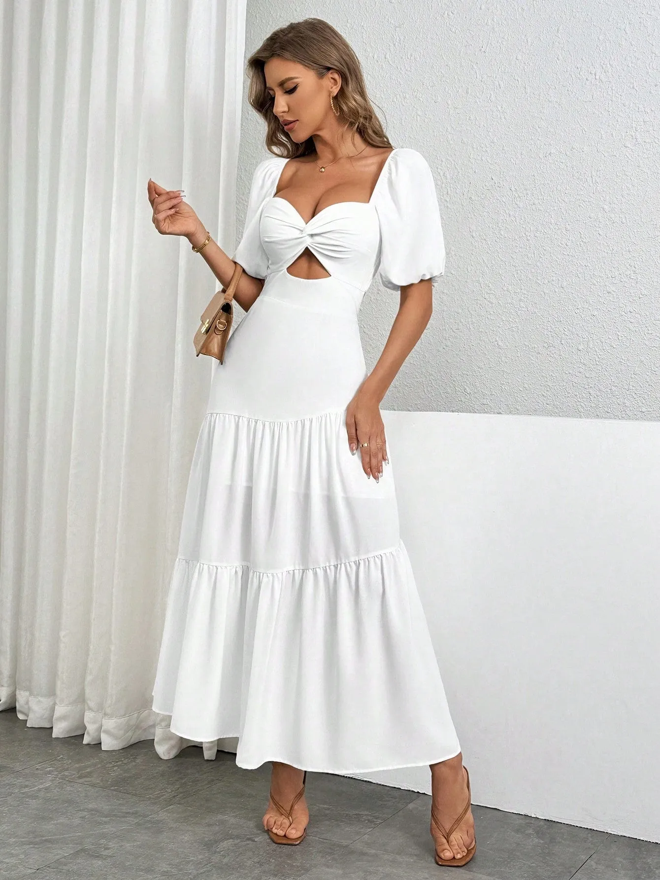 Women's  Elegant And Romantic Solid Color Twist Puff Sleeve Sexy Backless  Split Twisted Chicken Heart Collar Summer White A-Line Long Dress