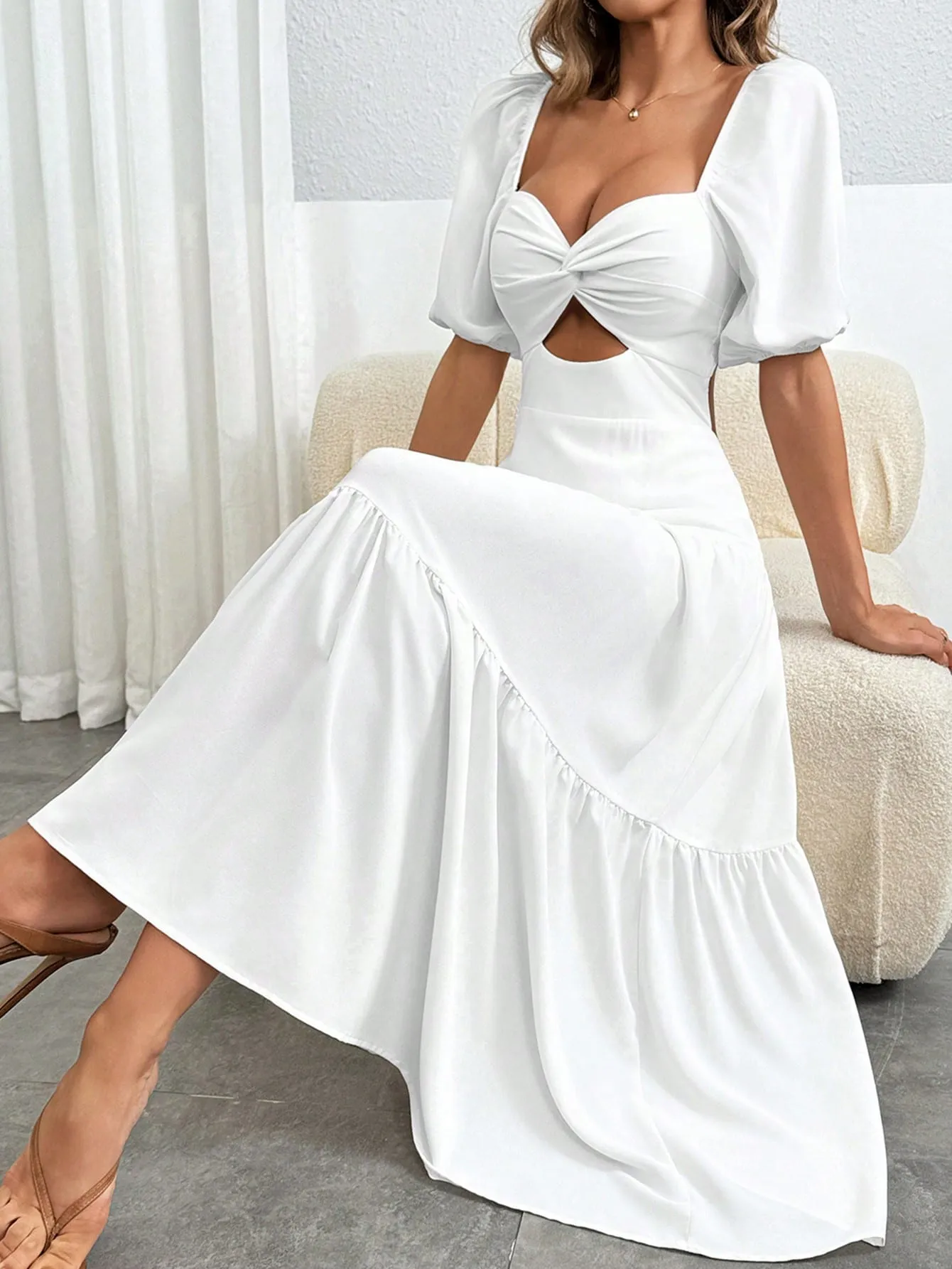 Women's  Elegant And Romantic Solid Color Twist Puff Sleeve Sexy Backless  Split Twisted Chicken Heart Collar Summer White A-Line Long Dress