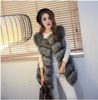 Women's faux fur vest coats Warm Fox Fur Silver Women Coat