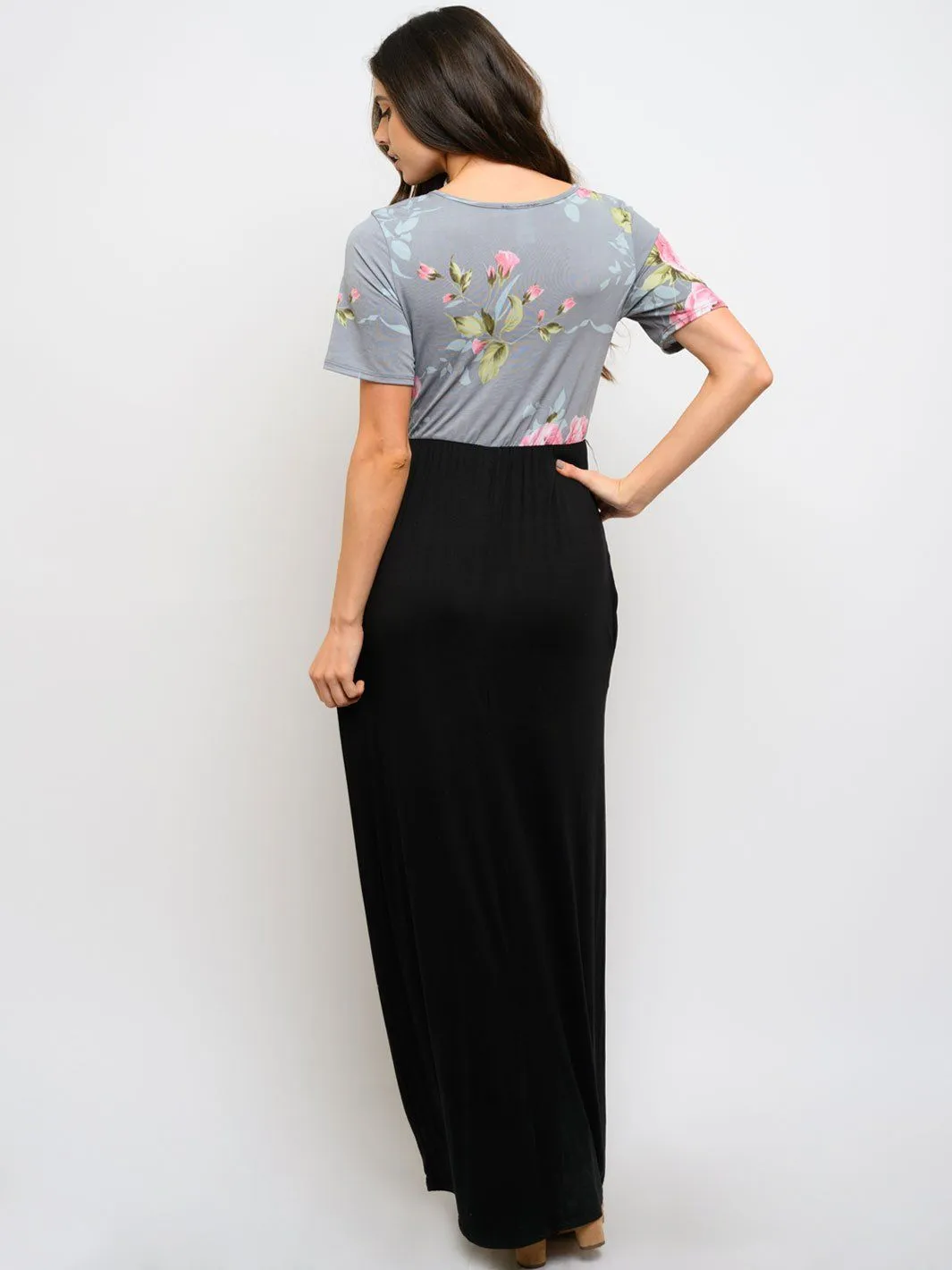 WOMEN'S FLORAL CONTRAST WITH POCKETS MAXI DRESS