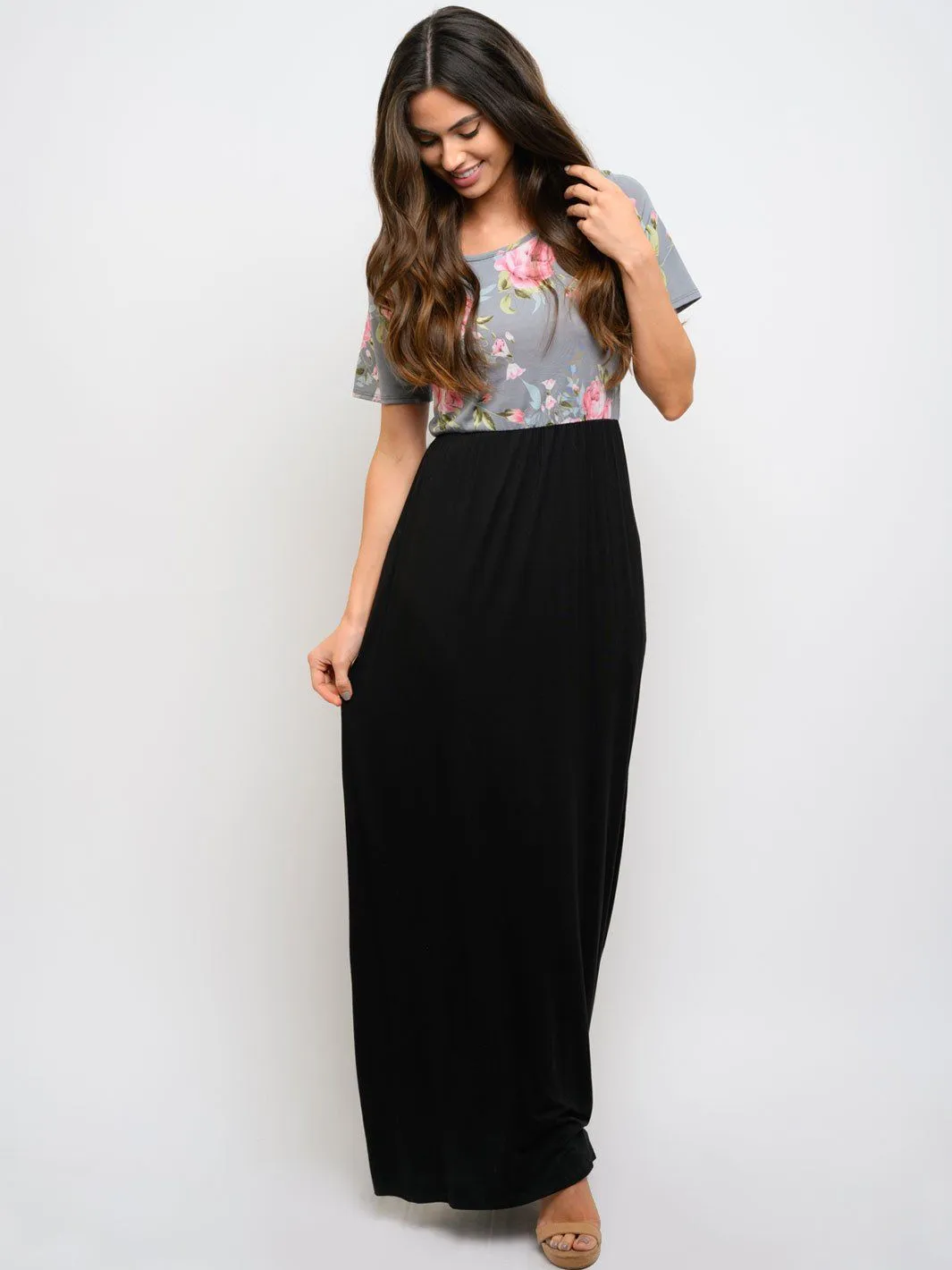 WOMEN'S FLORAL CONTRAST WITH POCKETS MAXI DRESS