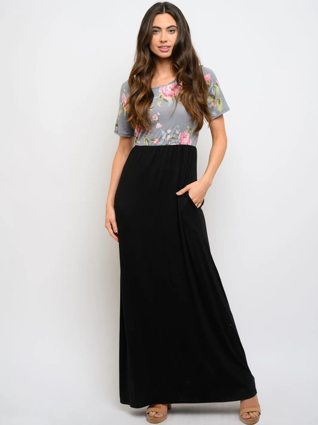 WOMEN'S FLORAL CONTRAST WITH POCKETS MAXI DRESS