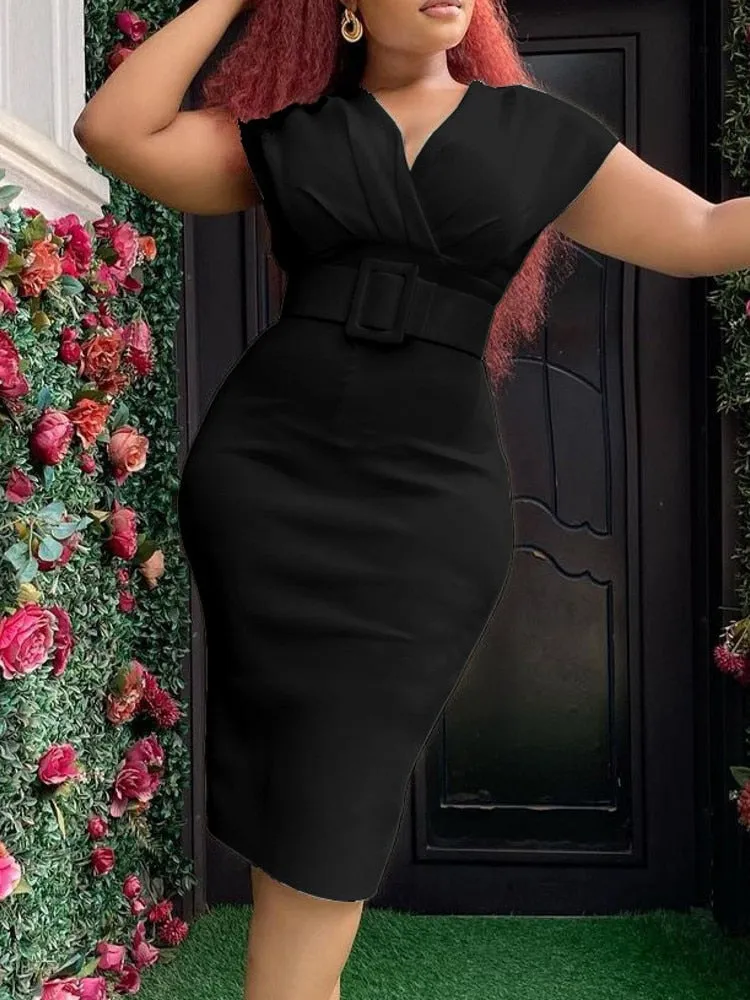 Womens Knee Length High Waist V neck Dress