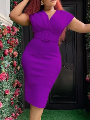 Womens Knee Length High Waist V neck Dress