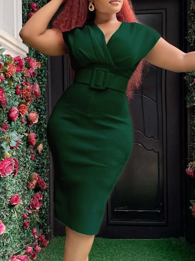 Womens Knee Length High Waist V neck Dress