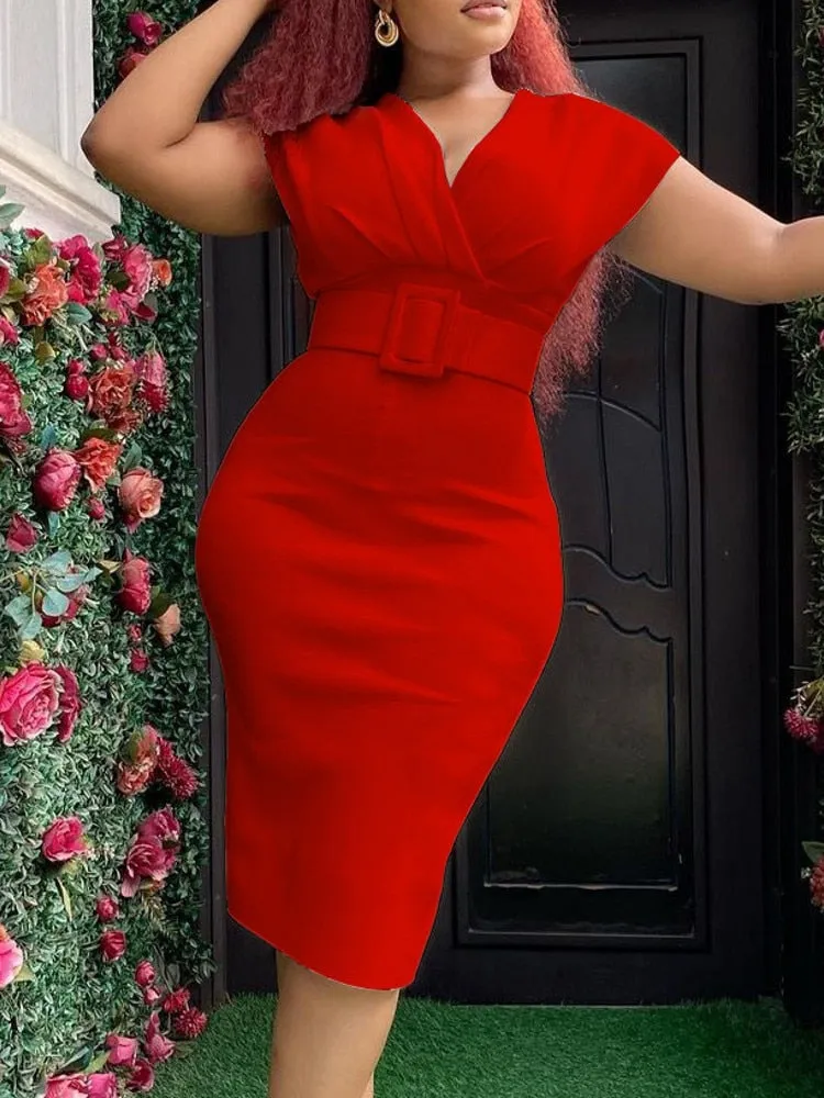 Womens Knee Length High Waist V neck Dress