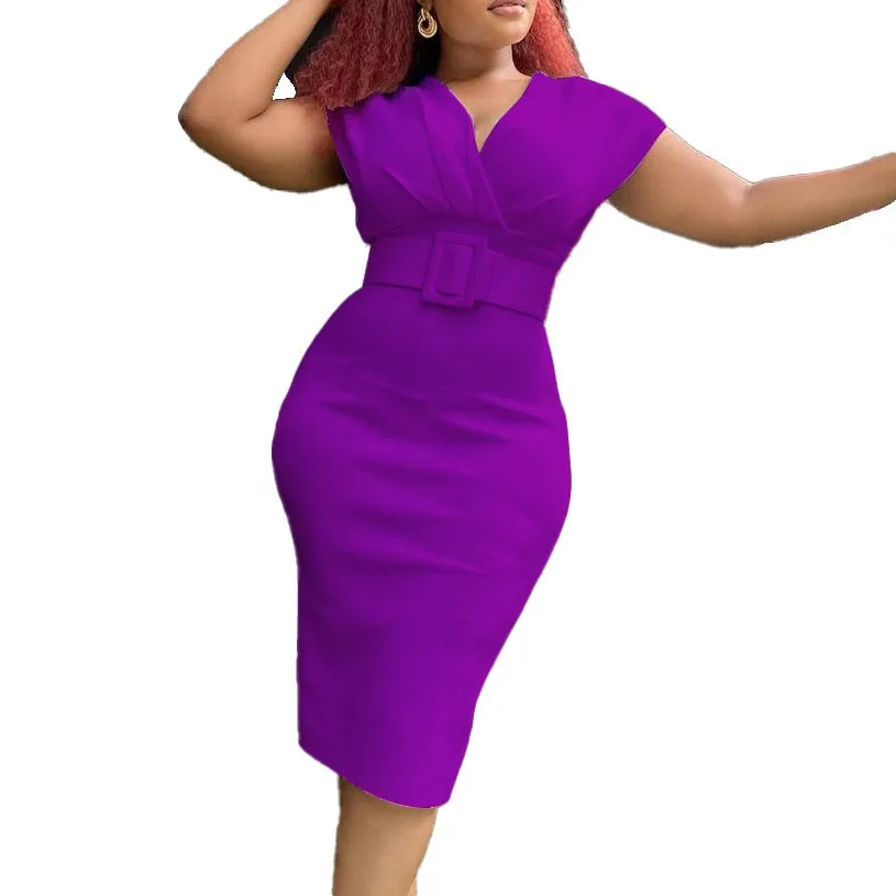 Womens Knee Length High Waist V neck Dress