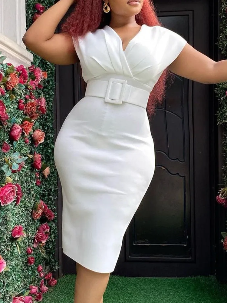 Womens Knee Length High Waist V neck Dress