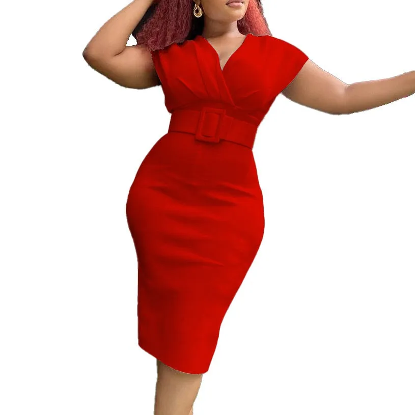 Womens Knee Length High Waist V neck Dress