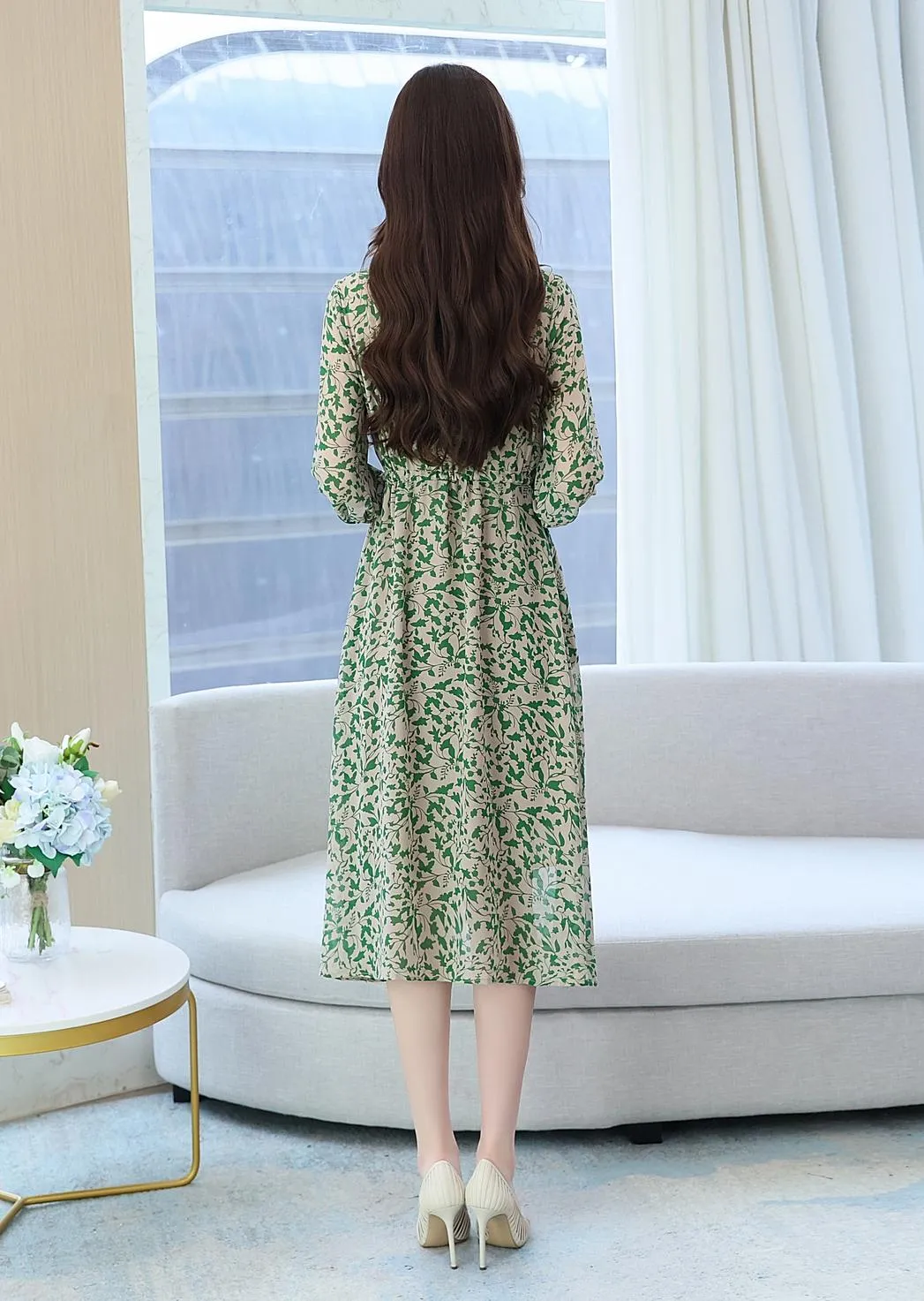 Women's Knee-length Tea Dress with Floral Print and Tie Detail