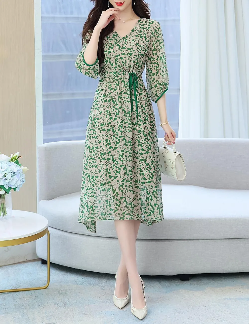 Women's Knee-length Tea Dress with Floral Print and Tie Detail