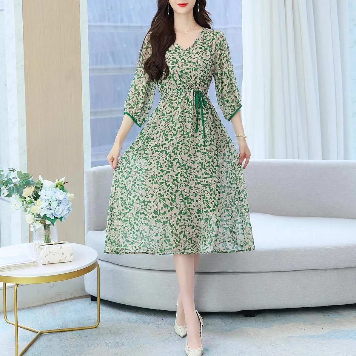 Women's Knee-length Tea Dress with Floral Print and Tie Detail