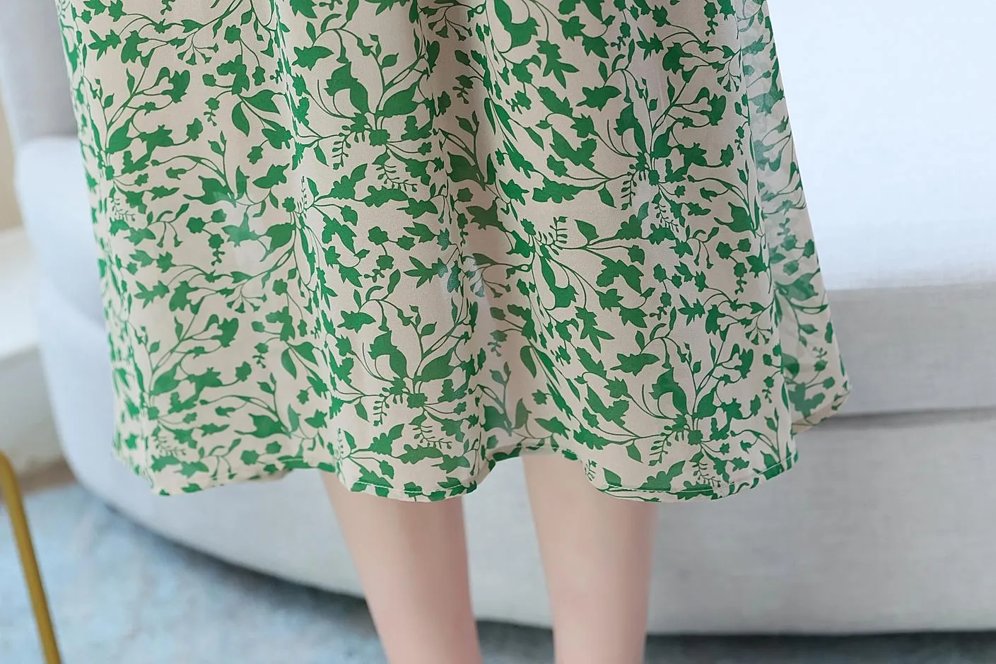 Women's Knee-length Tea Dress with Floral Print and Tie Detail