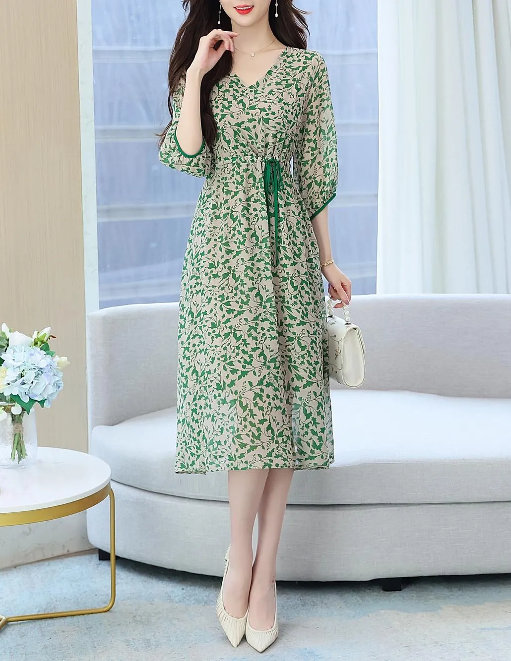 Women's Knee-length Tea Dress with Floral Print and Tie Detail