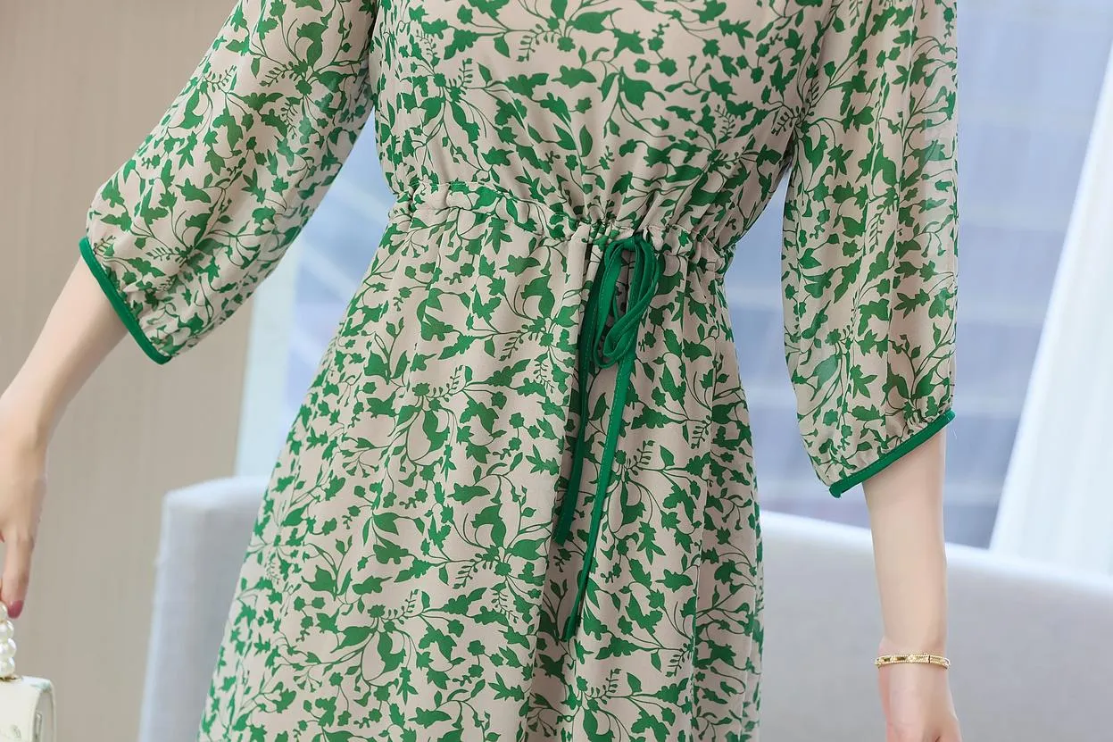 Women's Knee-length Tea Dress with Floral Print and Tie Detail