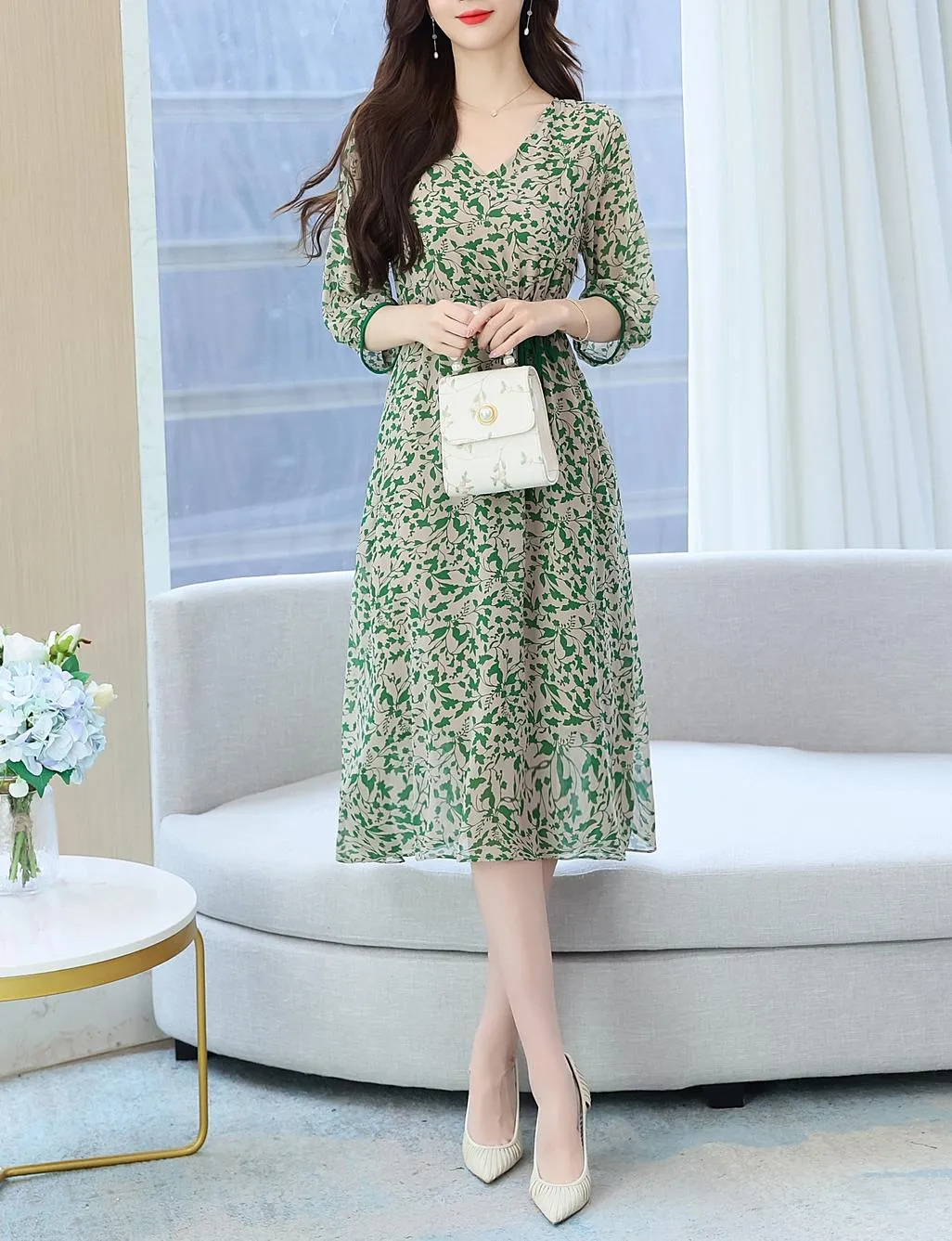 Women's Knee-length Tea Dress with Floral Print and Tie Detail