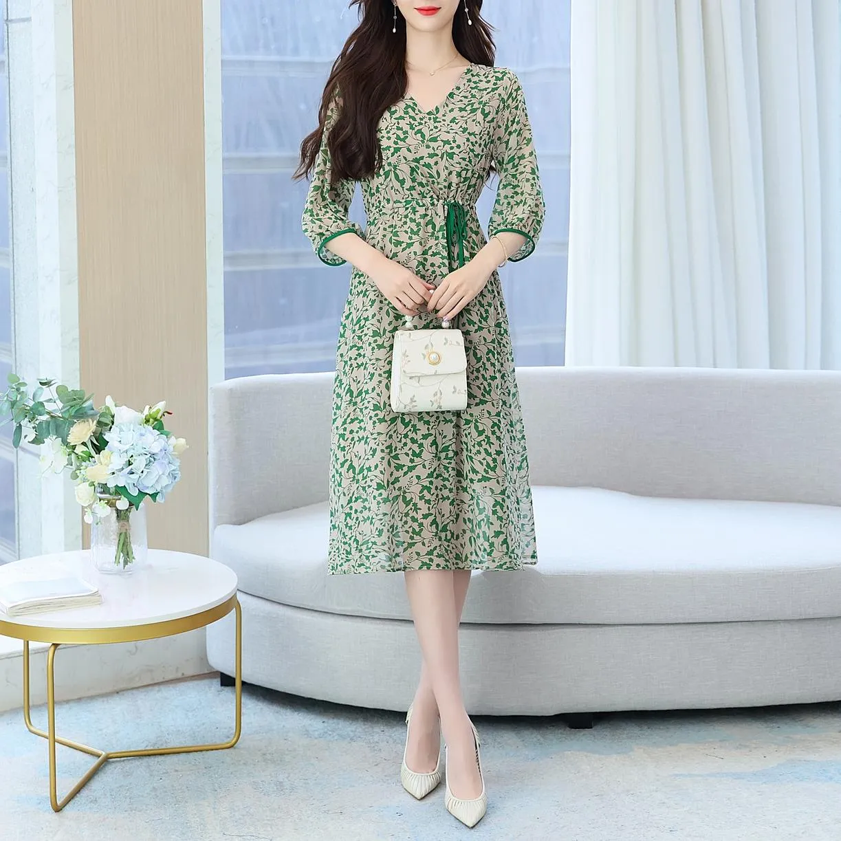 Women's Knee-length Tea Dress with Floral Print and Tie Detail
