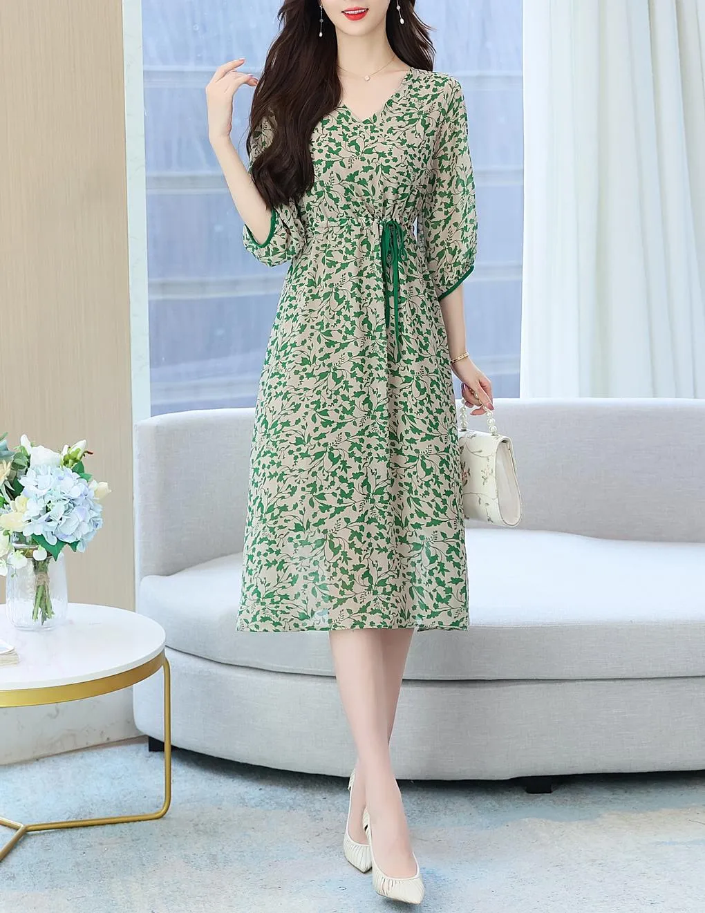 Women's Knee-length Tea Dress with Floral Print and Tie Detail