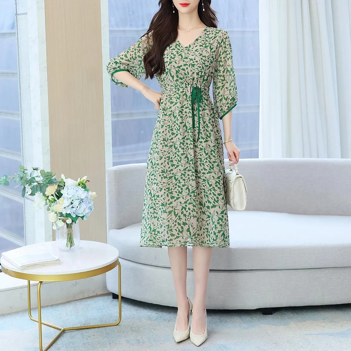 Women's Knee-length Tea Dress with Floral Print and Tie Detail
