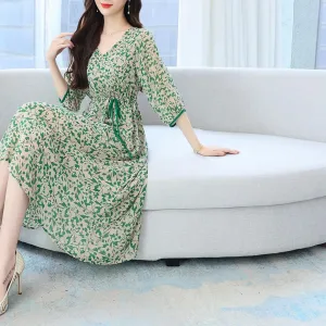 Women's Knee-length Tea Dress with Floral Print and Tie Detail