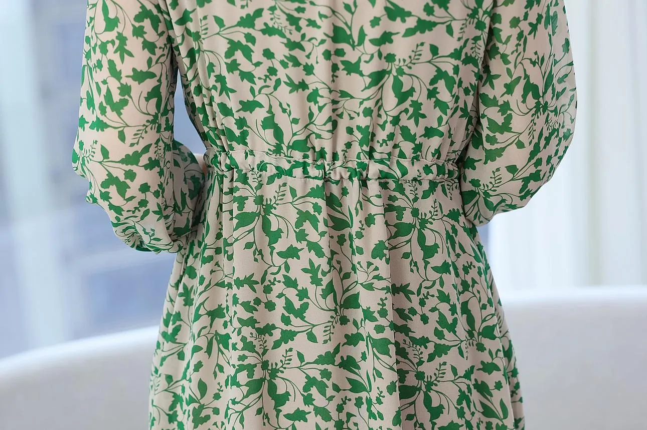Women's Knee-length Tea Dress with Floral Print and Tie Detail